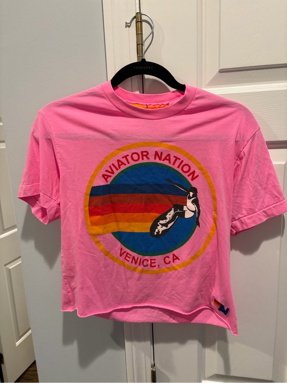 Aviator Nation Pink Short Sleeve Logo Tee with Rainbow Stripe Circle